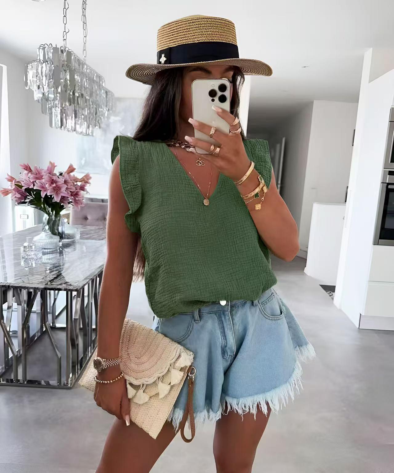 Top en gaze de coton à col V et volants – Nouvelle Collection – Taille unique