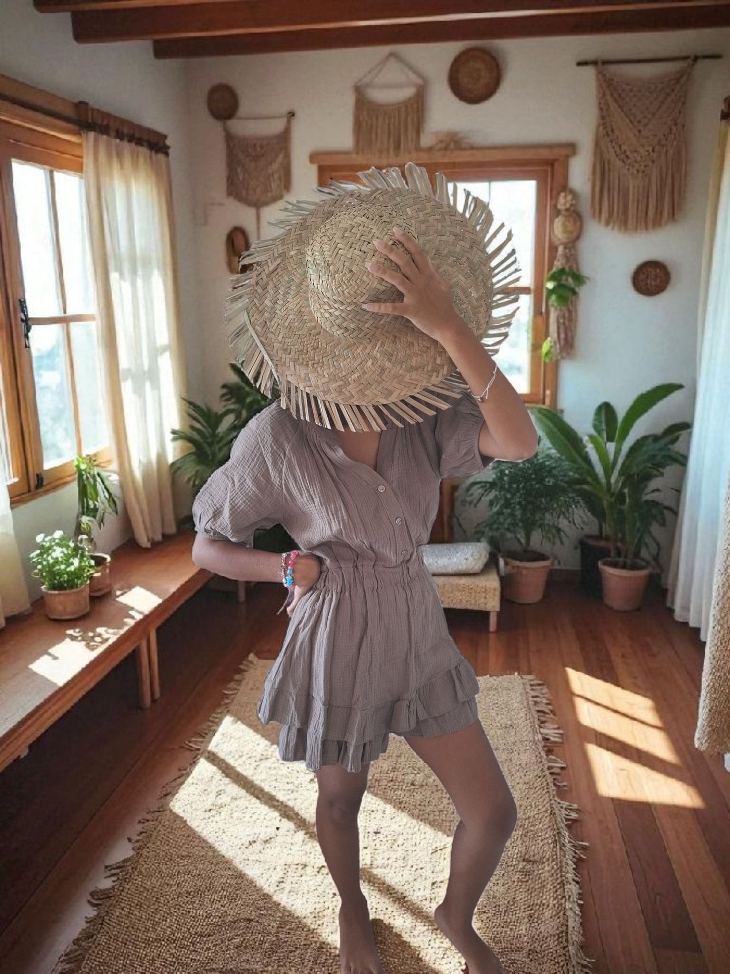 Combishort à volants en gaze de coton bohème – Taille unique jusqu’au 40