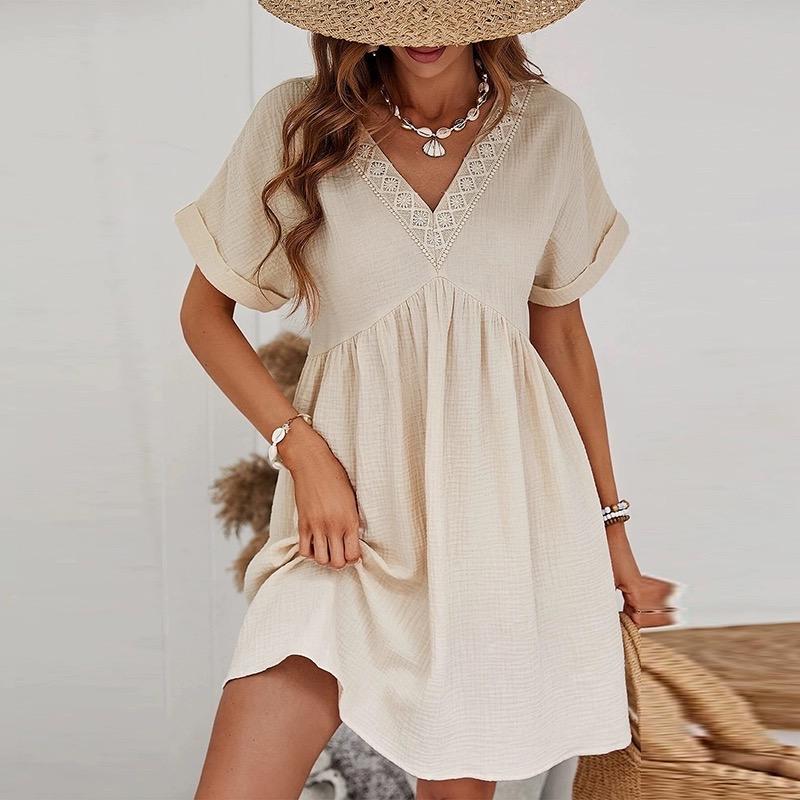Robe col V en gaze de coton – Taille unique 36 à 40