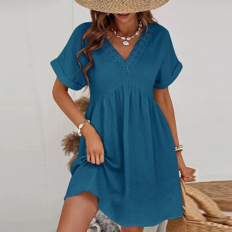 Robe col V en gaze de coton – Taille unique 36 à 40 EfashionParis