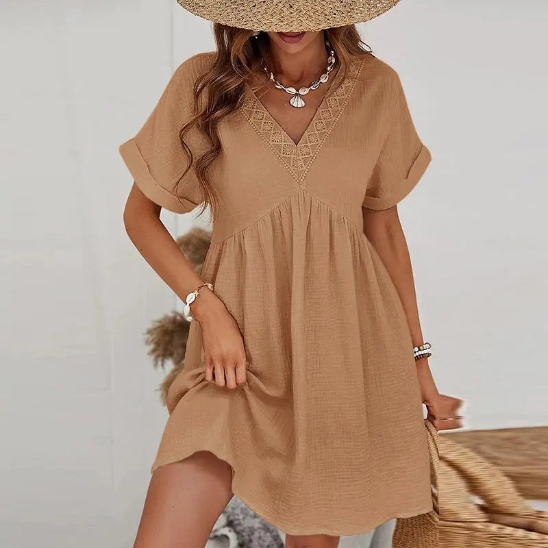 Robe col V en gaze de coton – Taille unique 36 à 40 EfashionParis