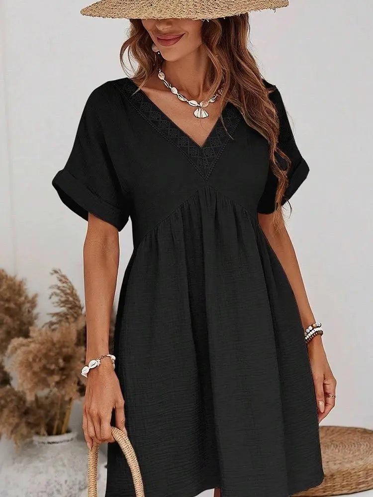 Robe col V en gaze de coton – Taille unique 36 à 40 EfashionParis