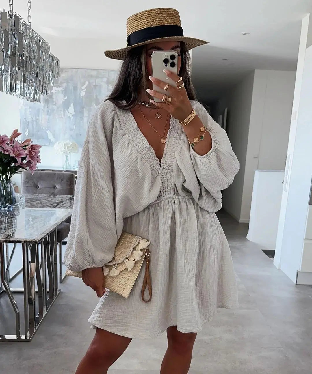 Robe en gaze de coton col V – Taille unique 36 à 40 EfashionParis