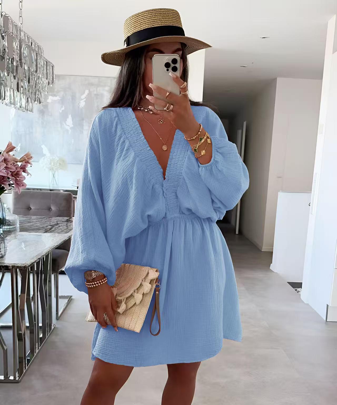 Robe en gaze de coton col V – Taille unique 36 à 40