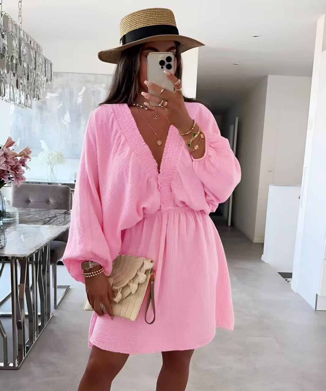 Robe en gaze de coton col V – Taille unique 36 à 40