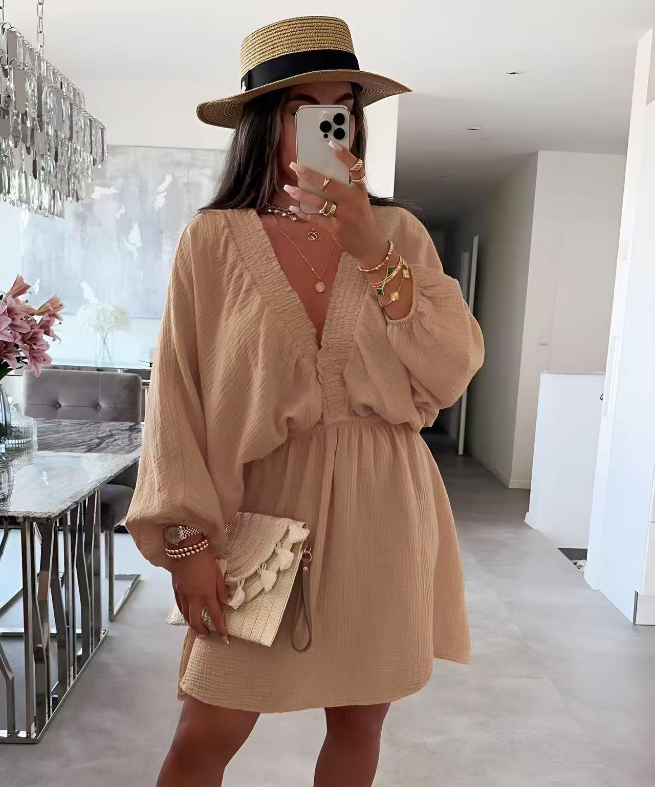 Robe en gaze de coton col V – Taille unique 36 à 40