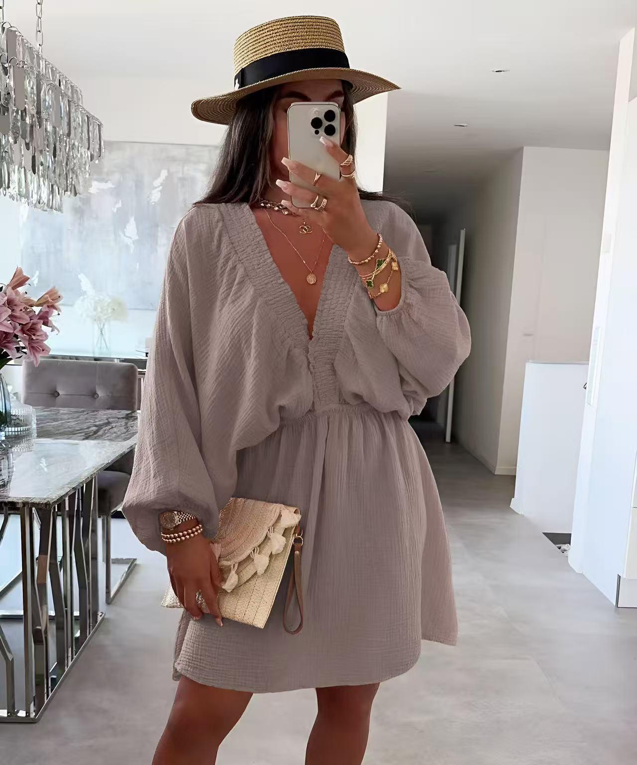 Robe en gaze de coton col V – Taille unique 36 à 40