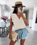 Top en gaze de coton à col V et volants – Nouvelle Collection – Taille unique EfashionParis