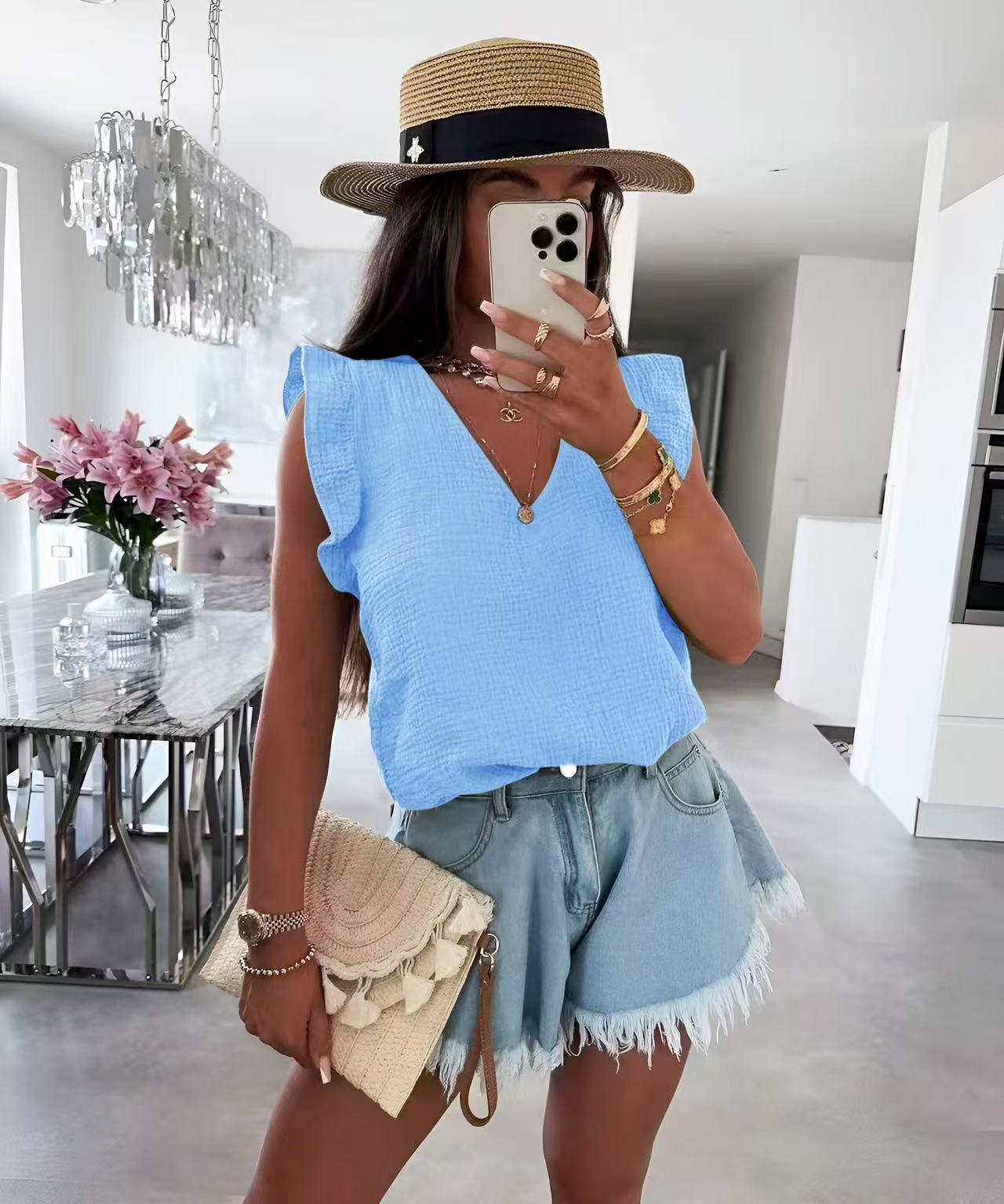 Top en gaze de coton à col V et volants – Nouvelle Collection – Taille unique