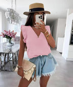 Top en gaze de coton à col V et volants – Nouvelle Collection – Taille unique EfashionParis