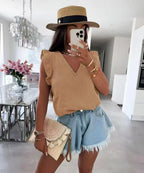 Top en gaze de coton à col V et volants – Nouvelle Collection – Taille unique EfashionParis