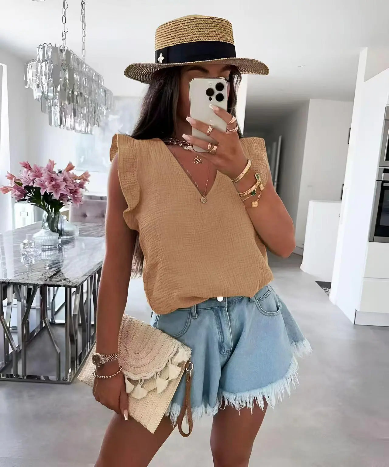 Top en gaze de coton à col V et volants – Nouvelle Collection – Taille unique EfashionParis