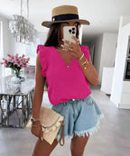 Top en gaze de coton à col V et volants – Nouvelle Collection – Taille unique EfashionParis