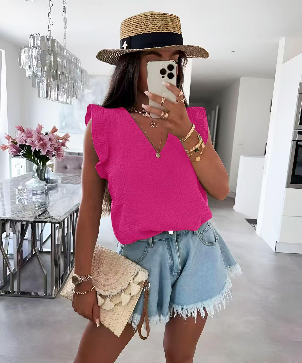 Top en gaze de coton à col V et volants – Nouvelle Collection – Taille unique