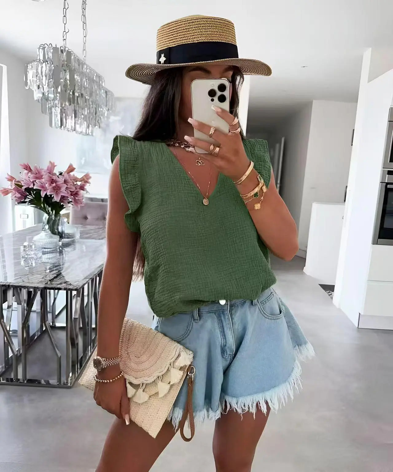 Top en gaze de coton à col V et volants – Nouvelle Collection – Taille unique EfashionParis
