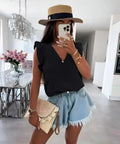 Top en gaze de coton à col V et volants – Nouvelle Collection – Taille unique EfashionParis