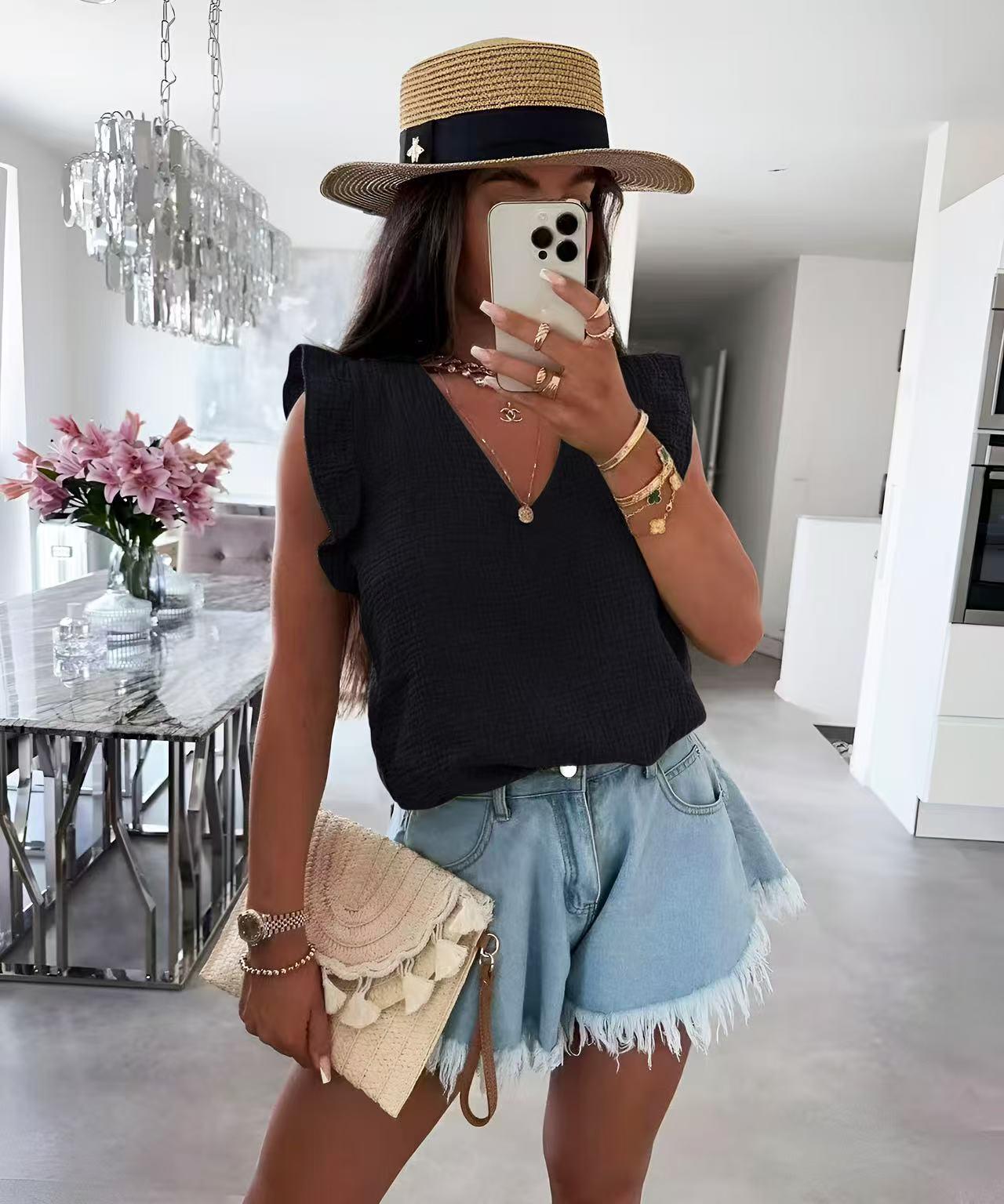 Top en gaze de coton à col V et volants – Nouvelle Collection – Taille unique